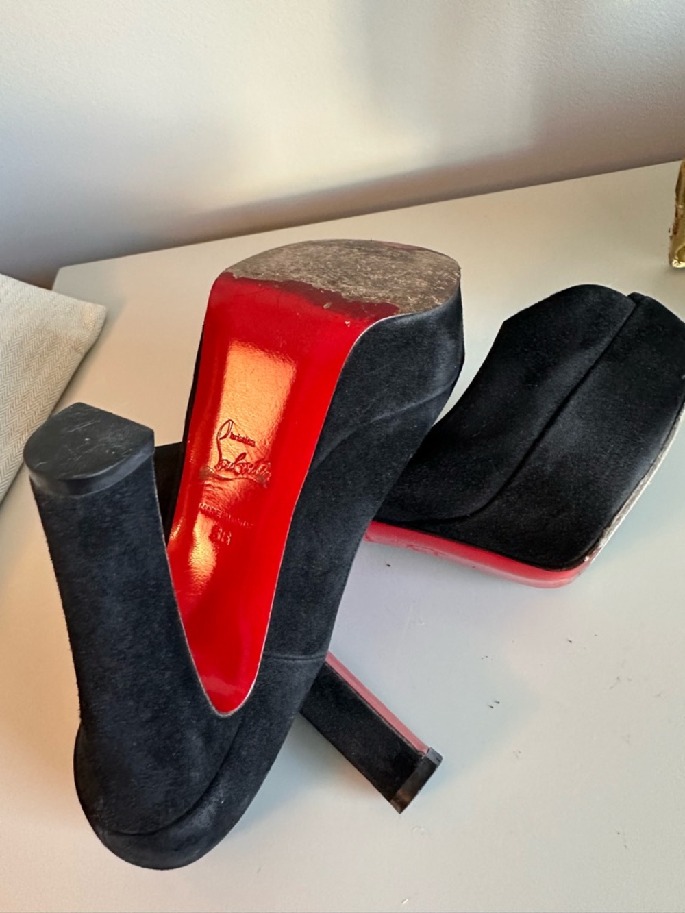 Christian Louboutin Black Suede Peep Toe Pumps with Iconic Red Sole - Picture 5 of 5